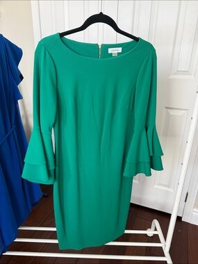 Calvin Klein Emerald Green Ruffle-Sleeve Sheath Dress